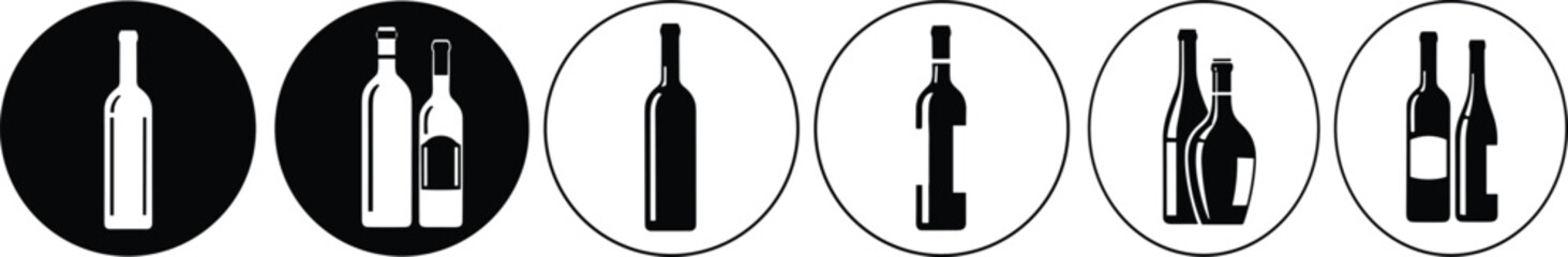 Wine, bottles, icons, set, silhouette, circle, drink, beverage, alcohol, liquor, bar, black, outline, vector, illustration, isolated, design, element, graphic, symbol, collection