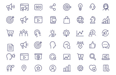 Marketing Icon Set, Digital Marketing, SEO, Social Media, Business, Online Advertising, E-commerce, Analytics, Sales, Content Strategy, Feedback, Communication, Vector Illustration