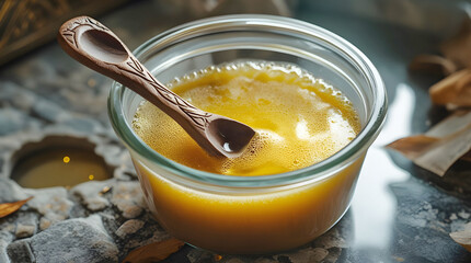 Golden Ghee in Rustic Glass Bowl with Carved Spoon
