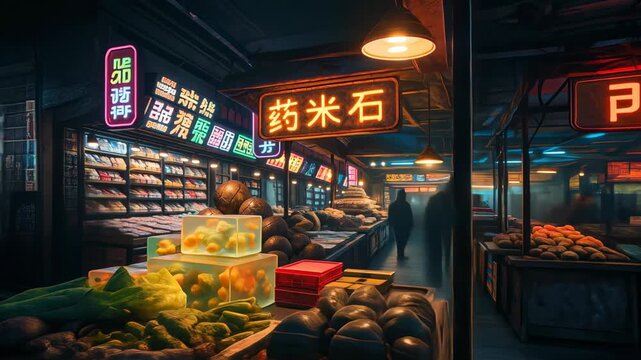 Cyberpunk night market with artificial food and neon signs. Concept of futuristic bazaar, visual illusion, and synthetic street culture
