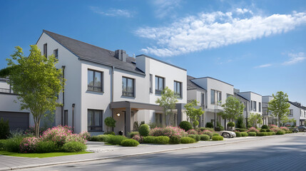 Obraz premium Modern Townhouse: A row of contemporary townhouses with clean lines, lush landscaping, and a bright blue sky creating a sense of modern living and community. 