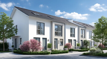 Modern Urban Residences: A row of stylish townhouses basks in the afternoon light, showcasing sleek architecture, manicured landscaping and a bright blue sky, perfect for urban living.