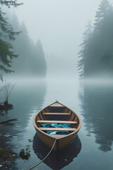 Wooden Rowboat on Misty Lake in Forest