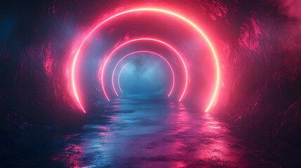A vibrant tunnel of glowing pink and blue neon circles creates an abstract, futuristic pathway with reflections on a dark, wet surface giving an unreal feeling.
