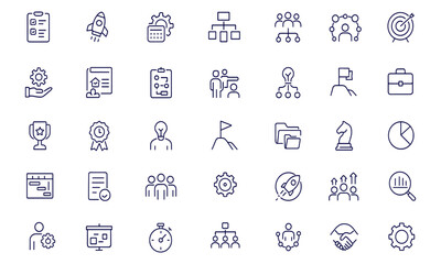 Project management icons set, business planning vector, startup strategy, teamwork organisation, workflow process, office tools, marketing concept, innovation, company training illustration
