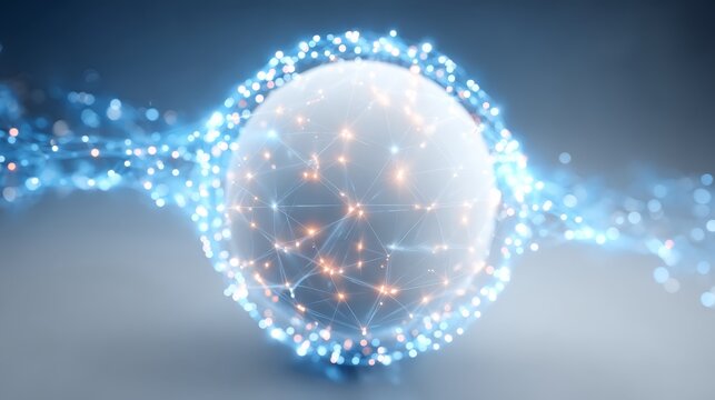 Global network sphere, interconnected dots and lines representing worldwide communication data flow