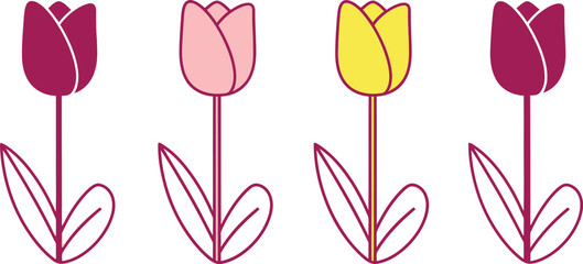 Four stylized tulips vibrant colors simple botanical art for decorations and designs vector