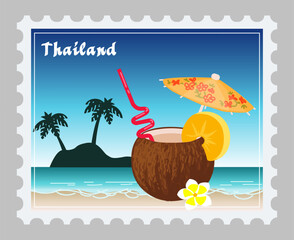 Travel map. Thailand postmark. Country sightseeing. Sea beach. Tropical island. Coconut cocktail. Postage label design. Scrapbook tag. Summer vacation tour. Envelope post stamp. Postal vector sticker