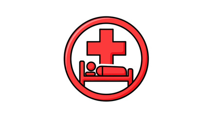 Obraz premium Circular Red Hospital Icon with Medical Cross and Patient Bed Symbol.