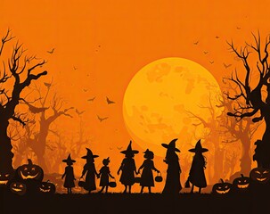 Children in witch costumes trick or treating on Halloween night.