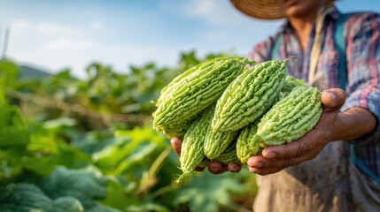 Benefits of Bitter melon. A farmer holds fresh green bitter gourds in a lush field under bright skies.