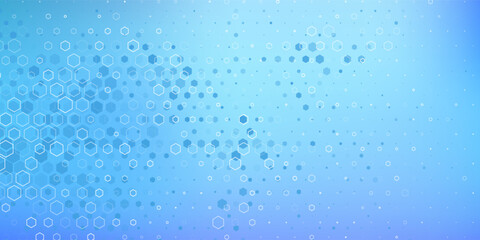 Blue pastel medical and tech background with hexagon pattern and bright sparkles. Realistic vector abstract bg with honeycomb geometric cell texture for medicine and science technology design. Eps10