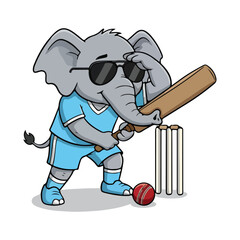Illustration of cartoon elephant playing cricket with bat and ball isolated on white background