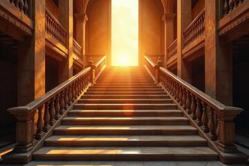A dramatic, high-angle shot of a grand, sweeping staircase leading upwards, bathed in warm, natural light Perfect for architecture, design, or luxury themes , stairs, wooden