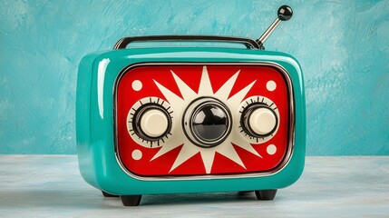 Retro Teal and Red Radio with Starburst Design