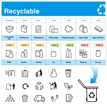 Recyclable packaging icon set. The outline vector icons are well scalable and editable. Great for infographic for different backgrounds. EPS10.