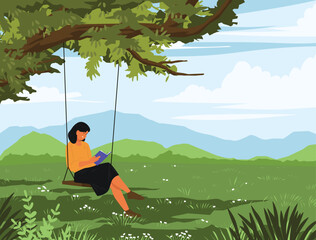 young woman crying alone in landscape Beautiful landscape and view with sun in background. Unhappiness