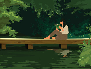 young woman Sad alone sitting read a book  alone on the lawn illustration person loneliness pensive vector depression.
