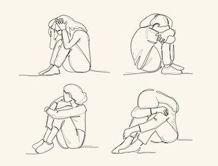 continuous one line art drawing. Sad in problem, anxiety and stress,  Mental health disorder, depression, tired.