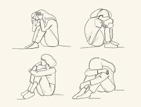 continuous one line art drawing. Sad in problem, anxiety and stress,  Mental health disorder, depression, tired.