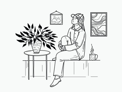 continuous one line art drawing. Sad in problem, anxiety and stress,  Mental health disorder, depression, tired.