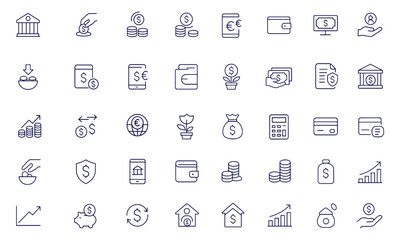 Deposit icon set, linear editable stroke financial icons for bank, savings account, money transfer, payment, investment, wallet, credit, cashflow, business, economy, vector, illustration