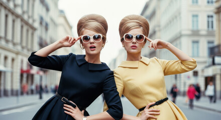 Two women in 60s cinema style, chic and elegant, striking poses in city street. 60s cinema style fashion, vintage inspired, features two poised women with bold sunglasses and beehive hairstyles.
