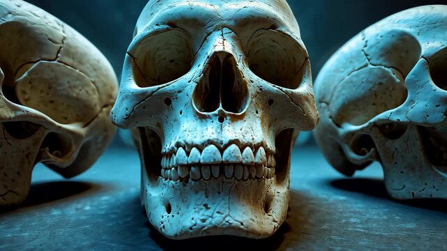 Three human skulls arranged in dramatic lighting with detailed bone texture creating eerie dark atmosphere of death and mortality concept