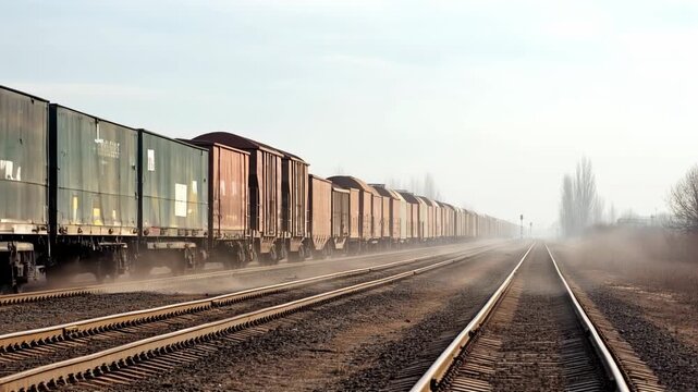 A long freight train moves along parallel tracks on a sunny day, with a hazy background and muted earth tones and visible railroad track details.