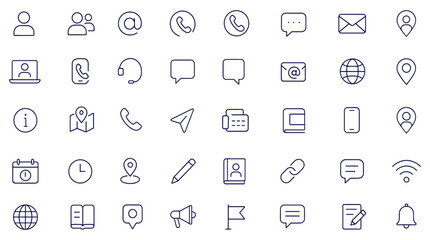 Contact icon set, editable stroke thin line communication symbols, social media network icons, digital connection, online support, message, email, phone, chat, vector illustration, business service