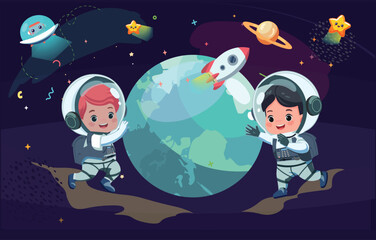 colorful cartoon space vector background – astronauts,earth, galaxy illustration