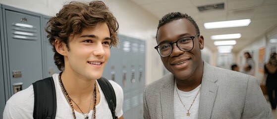 Young men share a joyful moment, smiling and chatting by the lockers in their high school, surrounded by a lively atmosphere of friendship