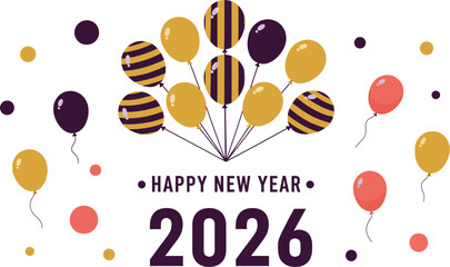 Festive balloons and sparkling confetti celebrate the arrival of the New Year 2026 with joy and anticipation.
