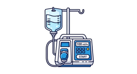 Medical infusion pump with an intravenous IV drip bag and stand cartoon vector illustration.