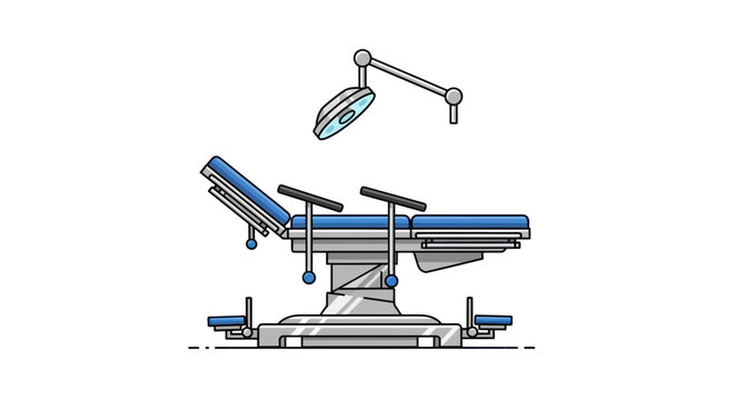 Adjustable blue surgical operating table and overhead medical lamp illustration.