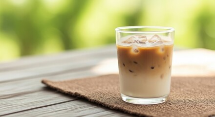 Refreshing Iced Latte on an Outdoor Wooden Table with a Natural Green Background