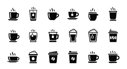 Explore a delightful collection of modern black and white coffee, tea, and beverage icons for your designs