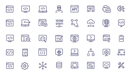 Coding, programming, software development, API, developer, coder, line style web icons set for mobile and web apps, computer, code, algorithm, network, digital, IT, interface, outline vector