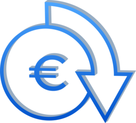 Euro Currency Icon with downward Arrow Isolated on Transparent Background