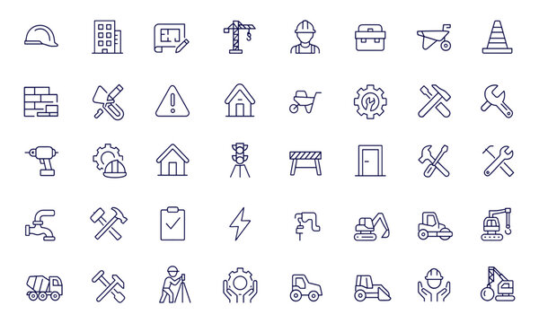Construction, Building, Architecture, Engineering Icon Set, Thin Line Vector Illustration for Repair, Industry, Project Design, Safety, Tools, Blueprint, Contractor, Worksite, Equipment