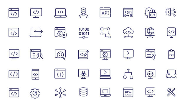 Coding, programming, software development, API, developer, coder, line style web icons set for mobile and web apps, computer, code, algorithm, network, digital, IT, interface, outline vector