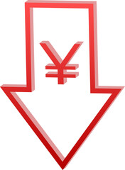 Yen Currency Icon inside Downward Red Arrow Isolated on Transparent Background