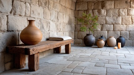 Stacked towels with candles and decorative elements create a serene atmosphere on an elegant wooden table, enhancing luxury appeal