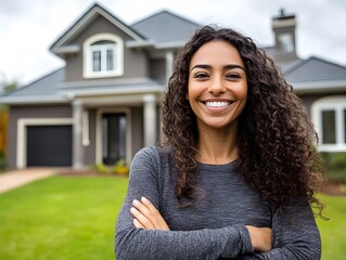 126. New homeowner smiling in front of house