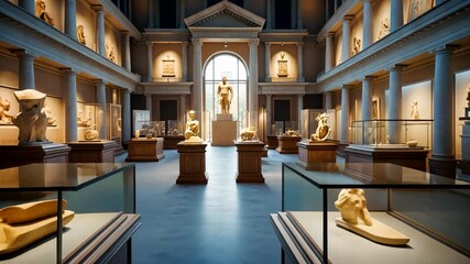 Grand museum hall filled with classical marble sculptures and statues illuminated by warm light with columns and arched window in background