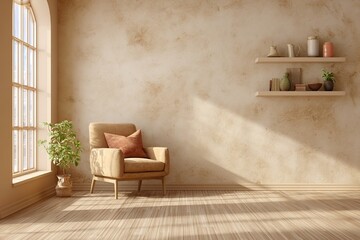 A cozy interior room with wooden floor and warm sunlight shining in