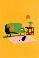 mid century modern living room scene with cat sofa and rug