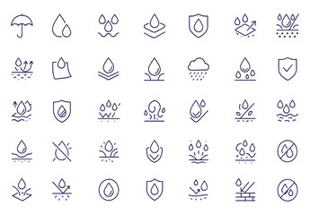 Waterproof icon set, water resistant symbols, liquid proof protection, hydrophobic surface, anti-wetting material, shield with water drop, rainproof fabric, outdoor safety vector illustration