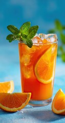Orange cocktail with ice and mint leaves on light blue background