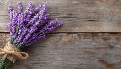 A rustic lavender bouquet tied with twine on wooden background